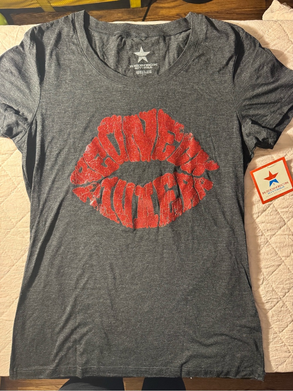 Redneck Riviera Charcoal Short-Sleeve Tee with Red Lip Graphic